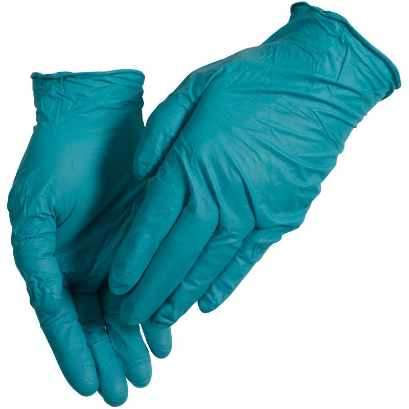 Un paio di guanti monouso in nitrile verdi Thor Ultra Tough della Abena Re-Seller GmbH si sovrappongono con il palmo rivolto verso l'alto su fondo bianco - ideali per attività all'aperto e progettati come prodotto durevole.