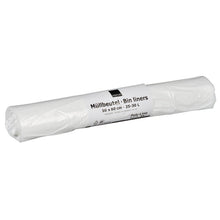 Eine Rolle Abena Re-Seller GmbH Müllbeutel, 25-30 L Inhalt, 500x600 mm Größe, 12,5 my LDPE weiß; beschriftet in Deutsch und Englisch; Packung enthält 50 Beutel.