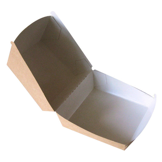 Die Abena Re-Seller GmbH Burger Box, Kraft, hat eine braune Außenseite und eine weiße Innenseite mit einem Scharnierdeckel. Sie ist offen auf weißem Hintergrund abgebildet und eignet sich perfekt als Snack-Verpackung.