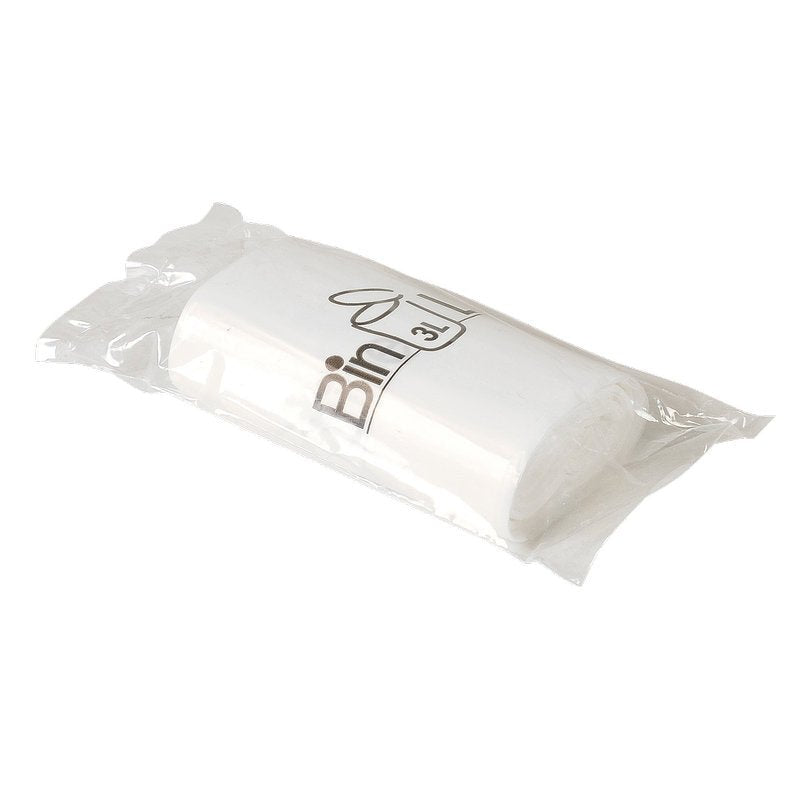 Un rotolo di sacchetti Bin Line Abena Re-Seller GmbH 3 L, 290x350 mm, in LLDPE bianco (10 my), in plastica trasparente con "Bin 3L" e icona del cestino. Contiene 20 sacchetti per rifiuti resistenti per rotolo.