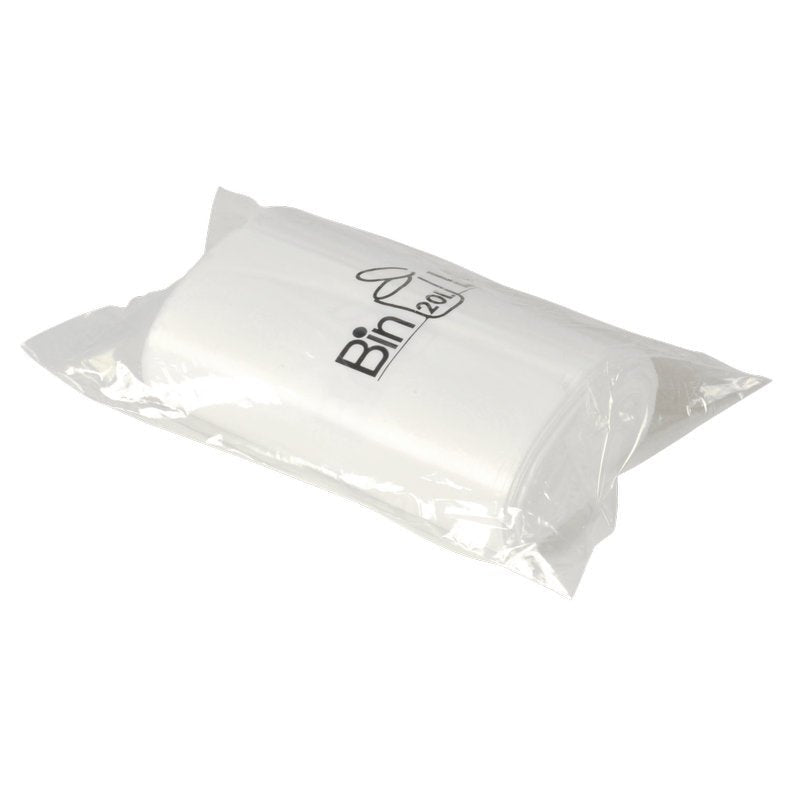 Una confezione di plastica trasparente della Abena Re-Seller GmbH contiene un rotolo con 20 sacchetti Bin Line bianchi da 20 L (385x775 mm, 10 my LLDPE), sigillati nella confezione e raffigurati su uno sfondo bianco monocromatico.