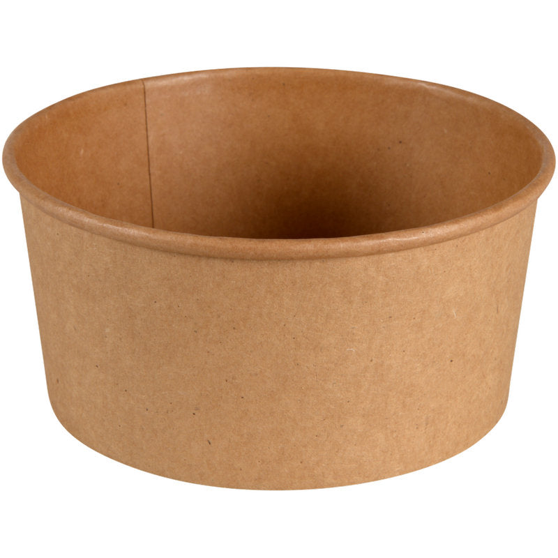 Die Schale, 730 ml, ø 14,5 cm von Abena Re-Seller GmbH aus braunem Kraft/PE hat eine glatte Oberfläche und einen Rollrand. Ideal als Schale für unterwegs. Packung mit 50 Stück.