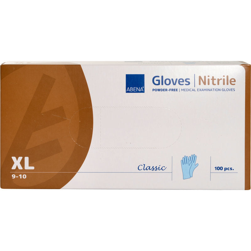 Eine Schachtel der Abena Re-Seller GmbH Nitril-Handschuhe Classic, puderfrei, blau, Größe XL (9-10), enthält 100 medizinische Untersuchungshandschuhe. Die meist weiße Schachtel hat braune und blaue Akzente und eine Handschuhabbildung.