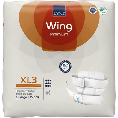 Eine Packung mit 15 ABENA Wing Premium von Abena Re-Seller GmbH, mit einem weißen Windelbild für Erwachsene in der Größe X-Large und hoher Saugfähigkeit für ultimativen Inkontinenzschutz.