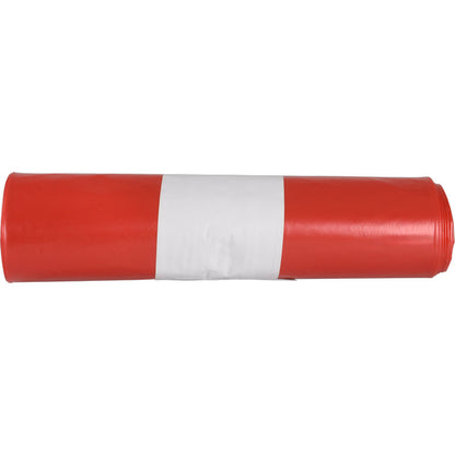 Ein aufgerollter roter Abfallsack für Sækko Boy 60 (55 my LDPE Recycled) der Abena Re-Seller GmbH mit einem breiten weißen Mittelstreifen aus umweltfreundlichem Kunststoff, von der Seite betrachtet auf weißem Hintergrund.