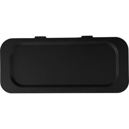 Un coperchio di plastica nero piatto e rettangolare con angoli arrotondati e due linguette, progettato come accessorio per il coperchio per contenitore di rifiuti Sækko Boy di Abena Re-Seller GmbH. Al centro è impresso "ABENA". Lo sfondo è bianco.