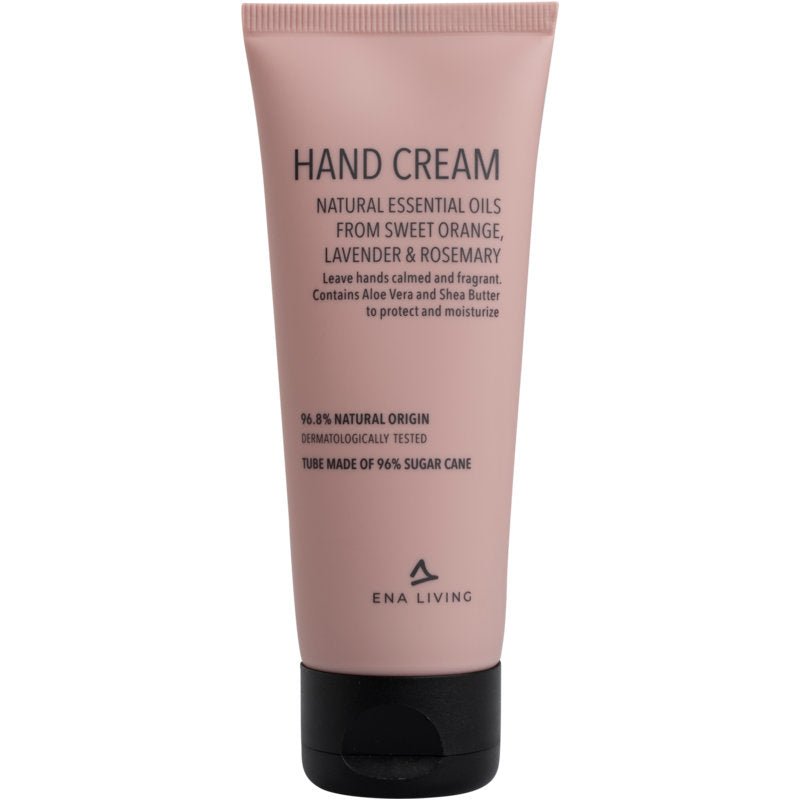 Un tubo rosa da 75 ml di crema per le mani ENA Living di Abena Re-Seller GmbH, con tappo nero e oli essenziali di arancia dolce, lavanda e rosmarino. Realizzato con il 96,8% di ingredienti naturali per la cura intensiva delle mani secche. Disponibile in cartoni (confezione da 18).