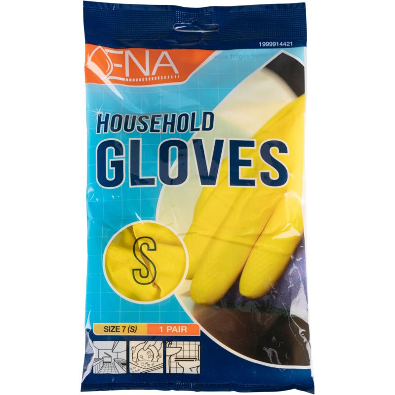 Una confezione di plastica con la scritta "ENA Household, guanti domestici in lattice, giallo" di Abena Re-Seller GmbH mostra guanti gialli della taglia S (1 paio) su sfondo blu con grafica di pulizia arancione-bianca.