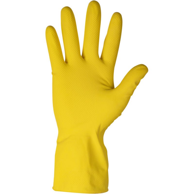 Un singolo guanto domestico ENA Household in lattice giallo di Abena Re-Seller GmbH è raffigurato con le dita allargate su uno sfondo bianco semplice.