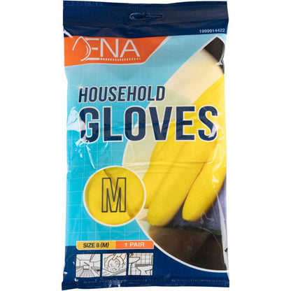 Una confezione di guanti domestici ENA Household in lattice di Abena Re-Seller GmbH in giallo, taglia M, contiene un paio. La confezione blu-arancione mostra testi e diagrammi per la pulizia e vari compiti domestici.