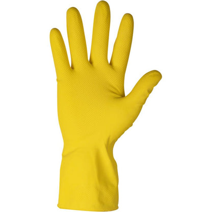 Un singolo guanto domestico ENA Household in lattice giallo di Abena Re-Seller GmbH è raffigurato con il palmo rivolto in avanti e le dita distese, tipicamente utilizzato per lavori di pulizia o domestici.