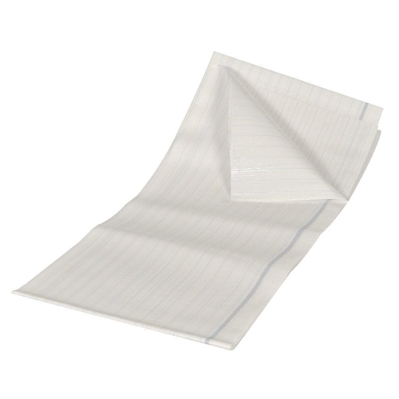 Il telino di protezione di Abena Re-Seller GmbH è un sottomaterasso bianco, assorbente, laminato in PE (80x170 cm, 48 fili) con deboli linee blu, che offre una protezione medica avanzata. La confezione contiene 25 pezzi.