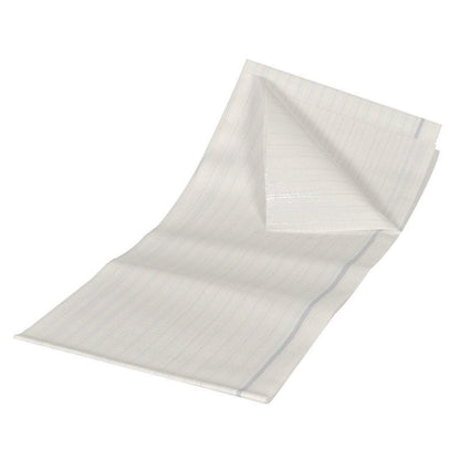 Il telino di protezione di Abena Re-Seller GmbH è un sottomaterasso bianco, assorbente, laminato in PE (80x170 cm, 48 fili) con deboli linee blu, che offre una protezione medica avanzata. La confezione contiene 25 pezzi.