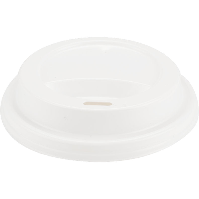 Ein weißer PP-Deckel für Kaffeebecher der Abena Re-Seller GmbH mit einem kleinen ovalen Trinkschlitz, von oben gesehen, auf einem schlichten weißen Hintergrund.