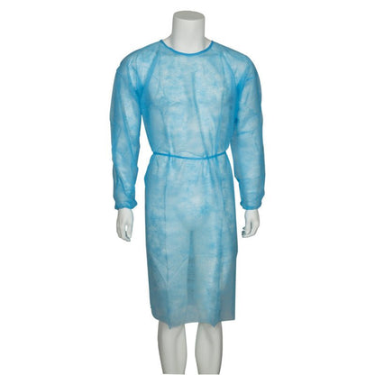 Un manichino indossa un camice da visitatore di Abena Re-Seller GmbH, Nonwoven/PP, blu - a maniche lunghe con cintura in vita - davanti a uno sfondo bianco semplice, ideale per l'uso in strutture mediche.
