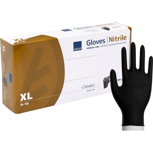 Eine Box Abena Re-Seller GmbH Nitril-Handschuhe Classic Sensit., puderfrei, schwarz (Größe XL, 100 Stück) ist abgebildet. Daneben steht ein schwarzer Handschuh aufrecht.
