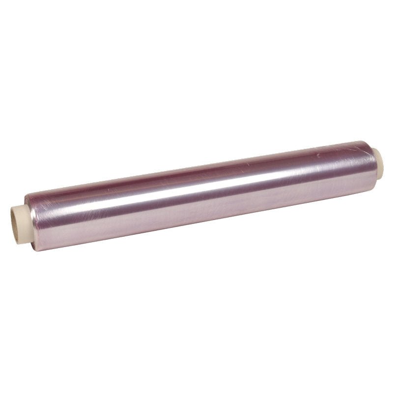 Un rotolo di pellicola trasparente Abena Re-Seller GmbH, PVC, 8my con tappi cilindrici bianchi è presentato su uno sfondo bianco semplice, ideale per conservare gli alimenti.