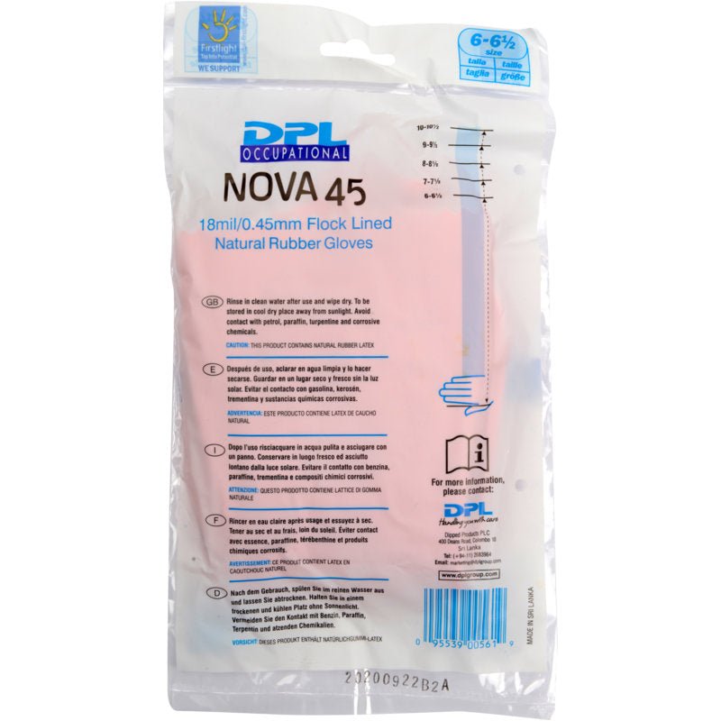 Una confezione in plastica trasparente contiene guanti domestici in lattice Abena Re-Seller GmbH, di colore rosa, taglia 6-6½. Sulla confezione sono riportati i dettagli del prodotto, le istruzioni per l’uso e le avvertenze di sicurezza in caratteri blu e neri.