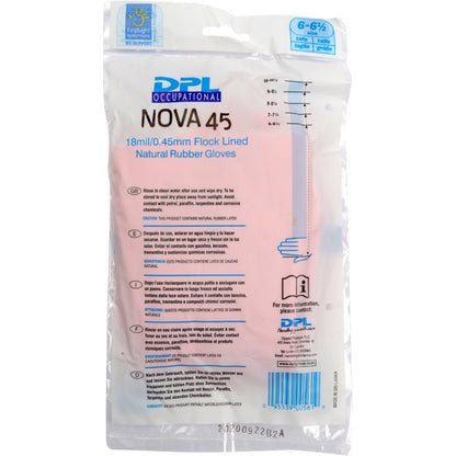 Una confezione in plastica trasparente contiene guanti domestici in lattice Abena Re-Seller GmbH, di colore rosa, taglia 6-6½. Sulla confezione sono riportati i dettagli del prodotto, le istruzioni per l’uso e le avvertenze di sicurezza in caratteri blu e neri.