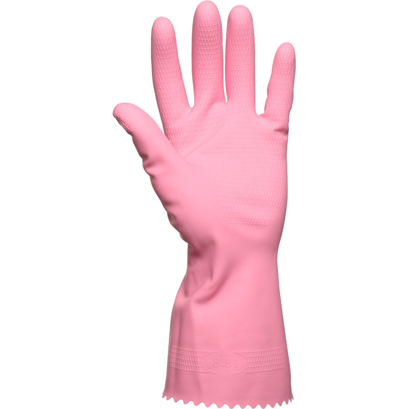 Ein einzelner Abena Re-Seller GmbH Haushaltshandschuhe Latex, Pink ist aufrecht mit der Handfläche nach vorne abgebildet. Er hat eine strukturierte Oberfläche an Fingern und Handfläche und eine geriffelte Manschette am Handgelenk.