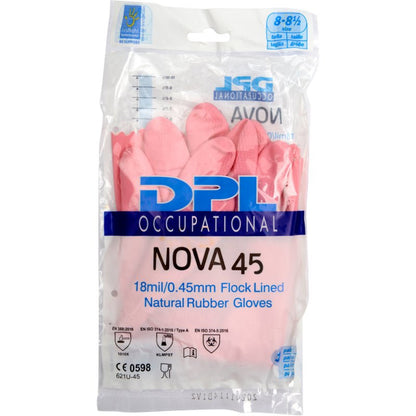 Una confezione in plastica trasparente contenente guanti domestici in lattice di colore rosa prodotti da Abena Re-Seller GmbH, con la scritta “18 mil/0,45 mm, rivestimento in floccato”, con il marchio blu e bianco e i simboli di certificazione sul lato anteriore.