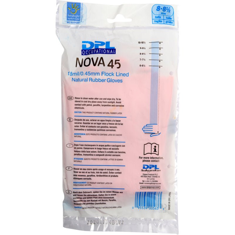 Una confezione in plastica trasparente con la scritta "Guanti domestici in lattice, rosa" della Abena Re-Seller GmbH contiene guanti in lattice rosa con rivestimento in floccato. Sulla parte anteriore della confezione sono riportati i dettagli del prodotto, le indicazioni relative alle taglie e il marchio.