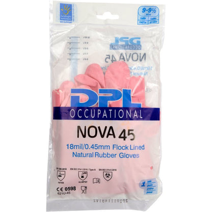 Una confezione di plastica trasparente contiene guanti domestici in lattice Abena Re-Seller GmbH di colore rosa, con uno spessore di 18 mil/0,45 mm, sui quali sono riportati diversi simboli di certificazione sul lato anteriore.
