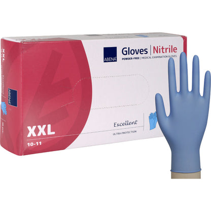 Eine Schachtel mit der Aufschrift "Nitril-Handschuhe Excellent, Puderfrei, Blau" der Abena Re-Seller GmbH ist abgebildet, daneben ein blauer Handschuh an einer Handpuppe.