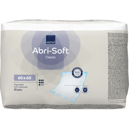 Una confezione da 25 teli monouso Abena Re-Seller GmbH Abri-Soft Classic, 60x60 cm, Blu. La confezione mostra i dettagli del prodotto, un'immagine del telo e simboli di certificazione.