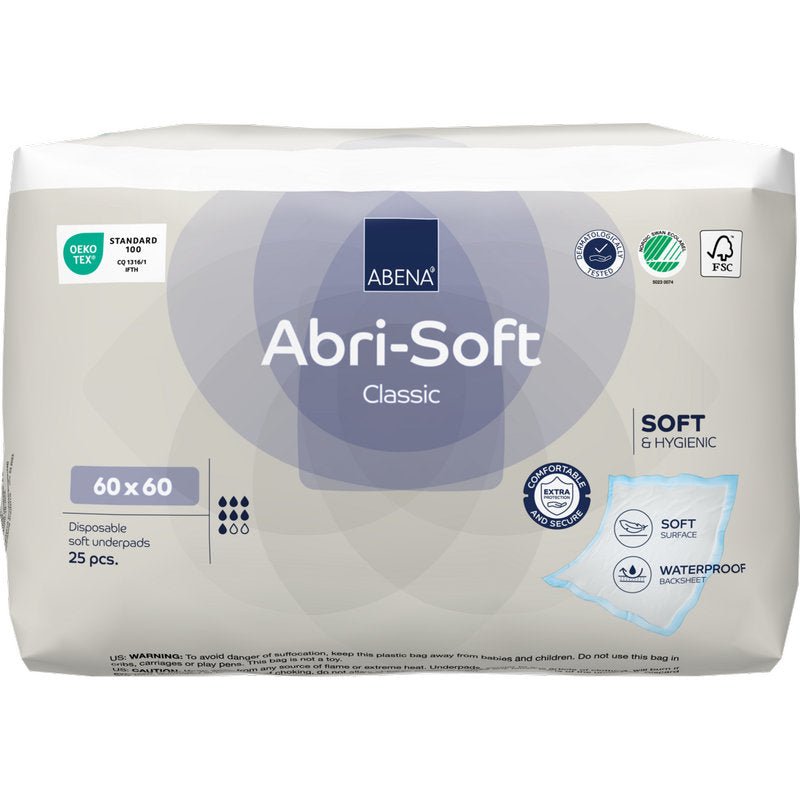 La confezione da 25 pezzi della Abena Re-Seller GmbH Telo monouso, Abri-Soft Classic (60x60 cm, Blu) offre una superficie morbida, protezione igienica e impermeabile, oltre a una certificazione ecologica.