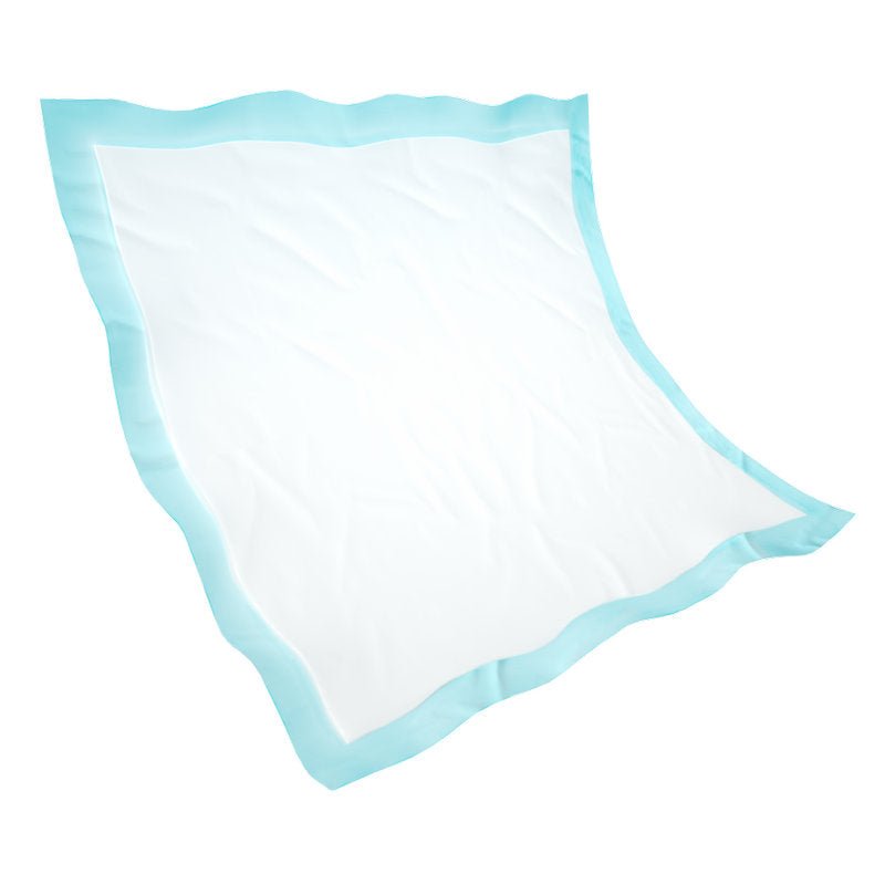 Un telo monouso quadrato bianco Abena Re-Seller GmbH, Abri-Soft Classic (60x60 cm, Blu), con bordo azzurro e bordi ondulati, è disteso su una superficie bianca monocromatica. La confezione contiene 25 pezzi.