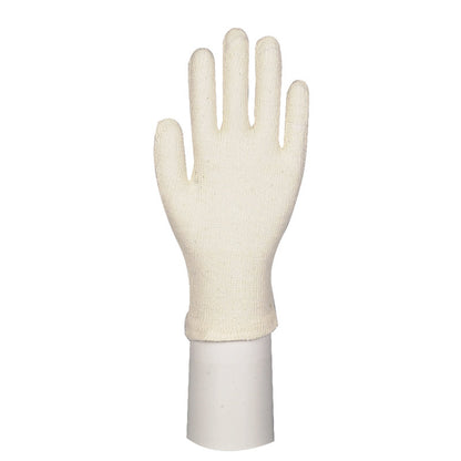 Ein einzelner cremefarbener Baumwollhandschuh mit Finger von Abena Re-Seller GmbH steht aufrecht auf einem zylindrischen weißen Ständer vor einem schlichten Hintergrund. Dieser schlichte Fünffingerhandschuh ist ideal für Gartenarbeit oder Arbeitsschutz.