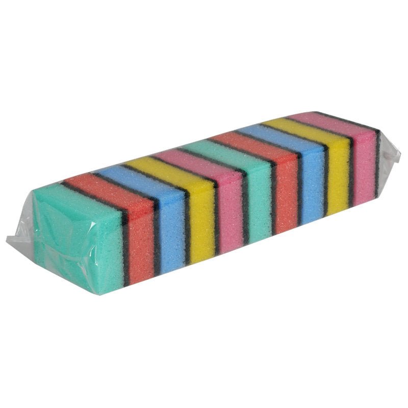 Una confezione da 10 spugne Abena Re-Seller GmbH (3x6x9 cm) in vari colori, ordinatamente impilate e confezionate in plastica - ideale per tutte le vostre esigenze di pulizia domestica.