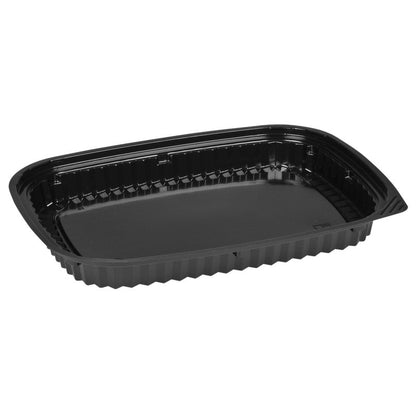 La Sushi-Box Schwarz di Abena Re-Seller GmbH è una scatola rettangolare in plastica nera con lati scanalati e un fondo piatto, perfetta per la conservazione o la presentazione elegante del sushi. Raffigurata su un semplice sfondo bianco.