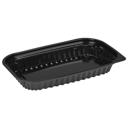 La Sushi-Box Schwarz di Abena Re-Seller GmbH è un contenitore rettangolare in plastica nera con lati scanalati e un fondo piatto - ideale per la conservazione o la presentazione del sushi - su sfondo bianco.