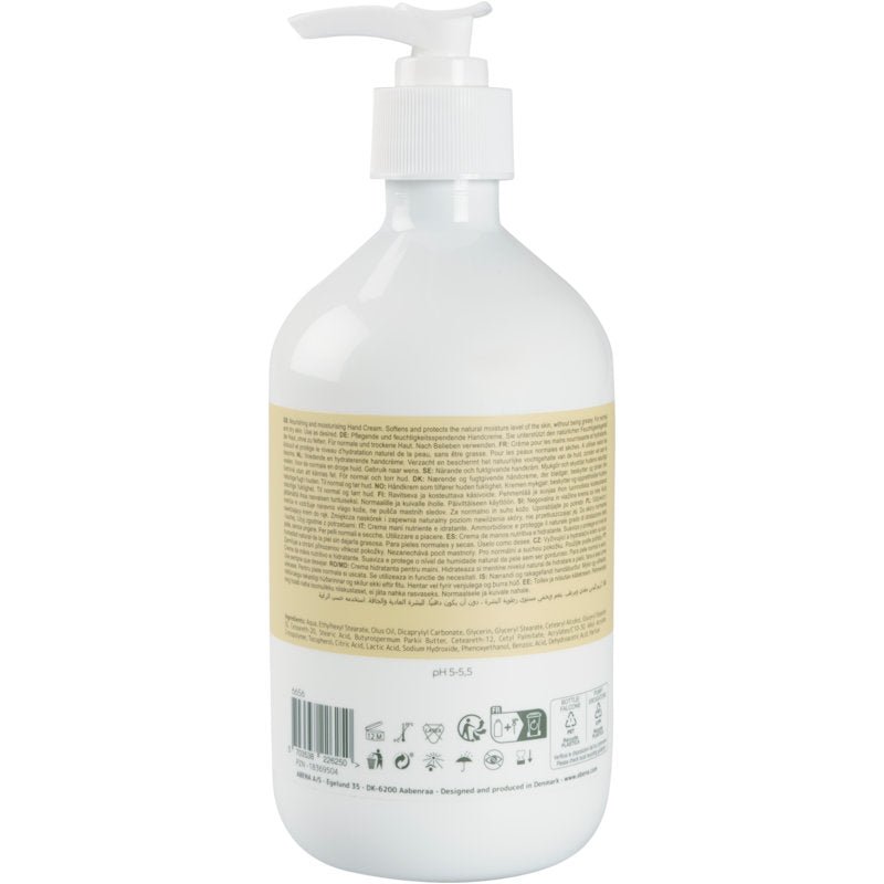 Flacone dosatore in plastica bianca con etichetta beige sul retro con informazioni sul prodotto, ingredienti e simboli di riciclaggio per la crema per le mani Abena Re-Seller GmbH, 21% di contenuto di grassi, leggermente profumata.