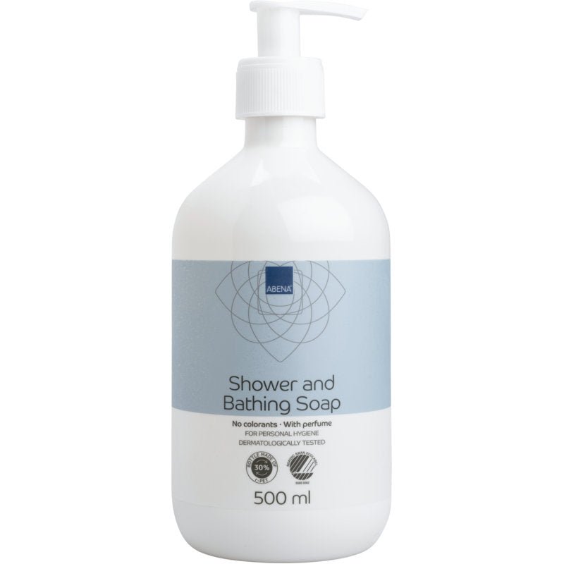 Flacone dosatore da 500 ml Abena Re-Seller GmbH Shampoo per capelli e corpo con profumo, con flacone bianco ed etichetta azzurra, testato dermatologicamente per la cura del corpo; disponibile in cartone da 6 pezzi.