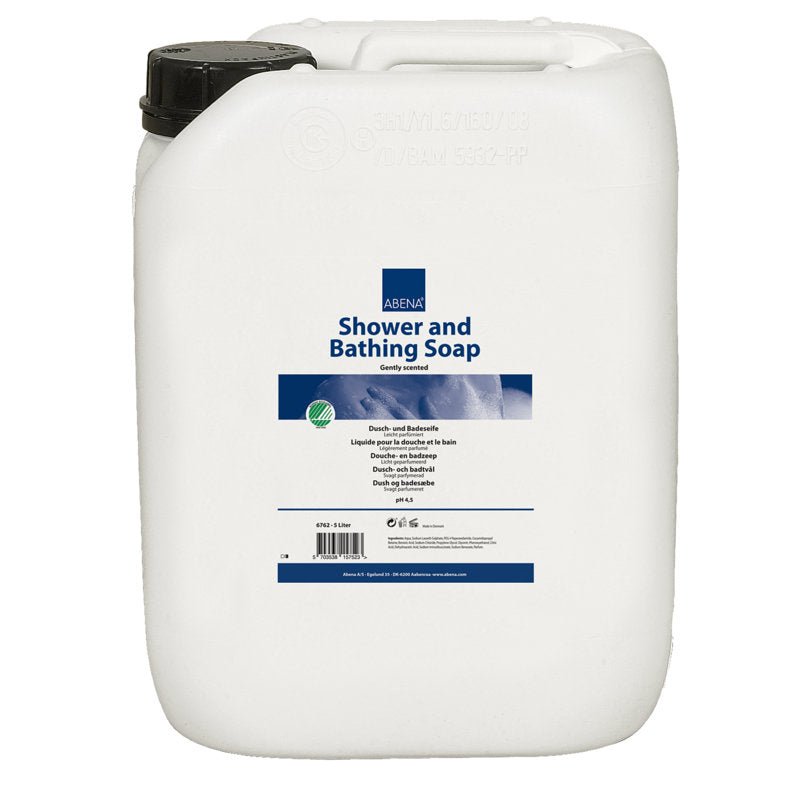 Bottiglia di plastica bianca da 5.000 ml con tappo nero e la scritta "Abena Re-Seller GmbH Sapone da doccia e da bagno, leggermente profumato" oltre a scritte blu e bianche con istruzioni per l'uso. Venduto in cartone (2 confezioni).