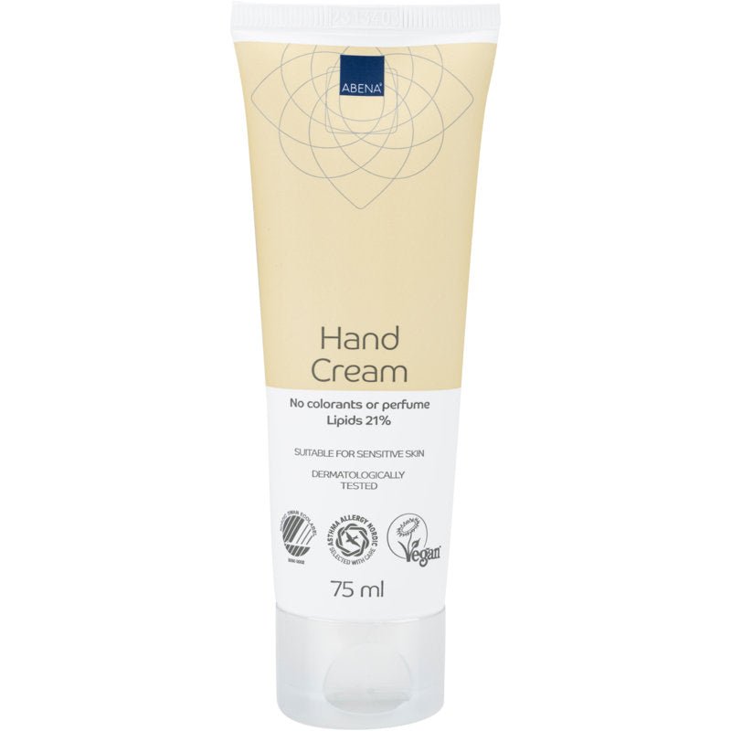 Un tubo da 75 ml di crema per le mani Abena Re-Seller GmbH, 21% di contenuto di grassi, non profumata, è dotato di un'etichetta beige-bianca. È testato dermatologicamente, vegano, ideale per pelli sensibili e contiene il 21% di lipidi.