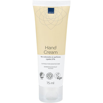 Un tubo da 75 ml di crema per le mani Abena Re-Seller GmbH, 21% di contenuto di grassi, non profumata, è dotato di un'etichetta beige-bianca. È testato dermatologicamente, vegano, ideale per pelli sensibili e contiene il 21% di lipidi.