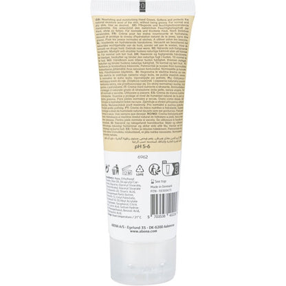 Un tubo beige-bianco di crema per le mani Abena Re-Seller GmbH (21% di contenuto di grassi, non profumata) è in piedi con un'etichetta posteriore con informazioni, simboli, ingredienti e un codice a barre. Il tubo ha un tappo a scatto trasparente.