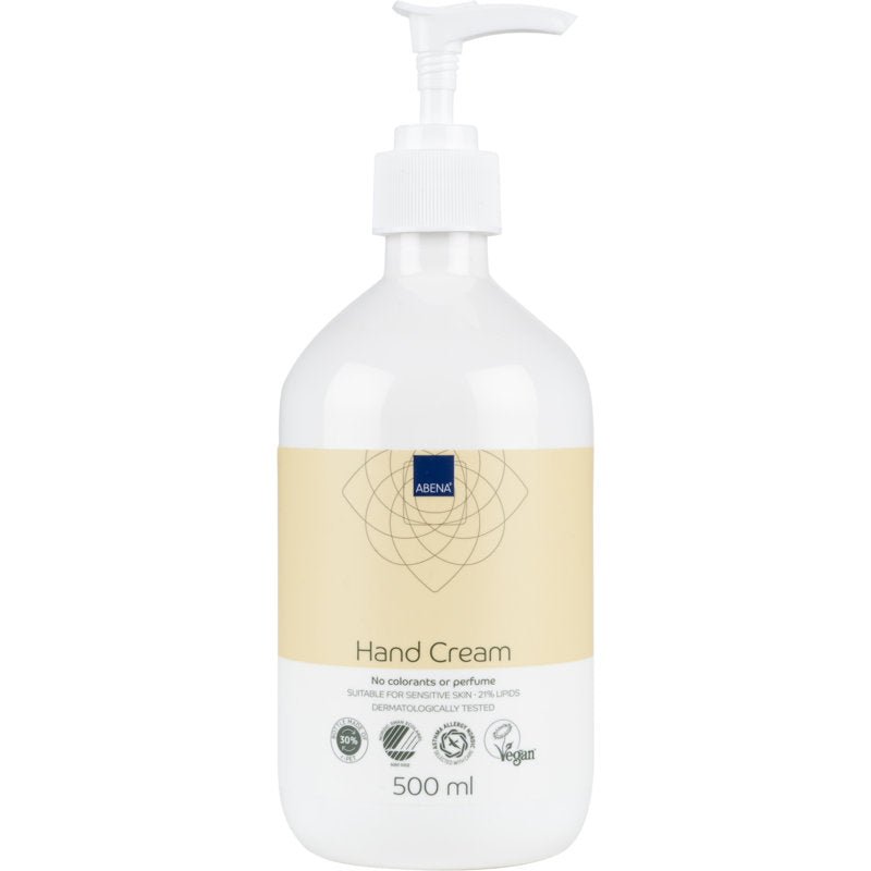 Un flacone con pompa da 500 ml di crema per le mani Abena Re-Seller GmbH, 21% di contenuto di grassi, non profumata. Testato dermatologicamente, vegano, adatto per pelli sensibili; non contiene coloranti né profumi. Etichetta beige.