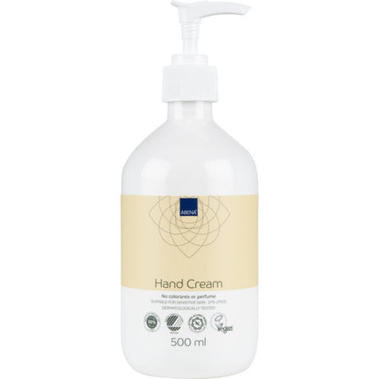 Un flacone con pompa da 500 ml di crema per le mani Abena Re-Seller GmbH, 21% di contenuto di grassi, non profumata. Testato dermatologicamente, vegano, adatto per pelli sensibili; non contiene coloranti né profumi. Etichetta beige.