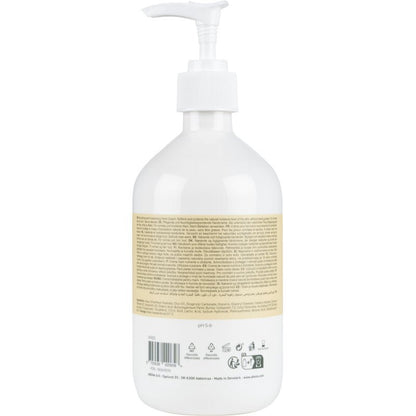 È raffigurato un flacone con pompa bianco di crema per le mani Abena Re-Seller GmbH (21% di contenuto di grassi, non profumata) con un'etichetta beige, su cui sono riportate informazioni sul prodotto e ingredienti in più lingue, da dietro su uno sfondo bianco.