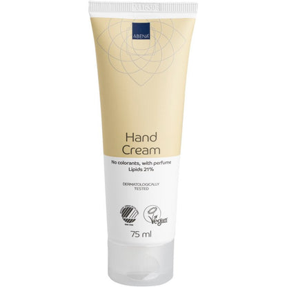Un tubo da 75 ml di crema per le mani Abena Re-Seller GmbH, 21% di contenuto di grassi, leggermente profumata, con design beige-bianco; testato dermatologicamente e privo di coloranti.