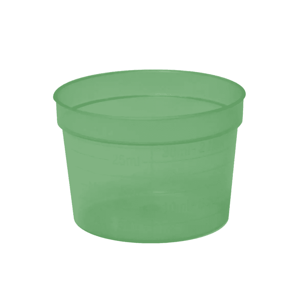Il bicchiere medico AMPri PP, disponibile in 30 ml con marcature di volume laterali e in vari colori, è realizzato in polipropilene resistente. Questo bicchiere in plastica verde trasparente della AMPri Handelsgesellschaft mbH non ha manico.