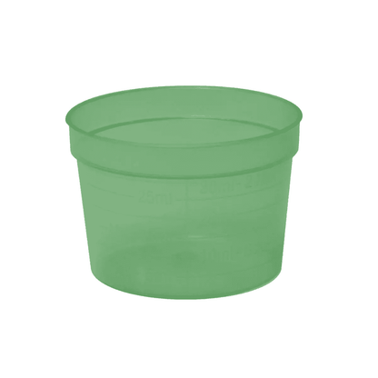 Il bicchiere medico AMPri PP, disponibile in 30 ml con marcature di volume laterali e in vari colori, è realizzato in polipropilene resistente. Questo bicchiere in plastica verde trasparente della AMPri Handelsgesellschaft mbH non ha manico.