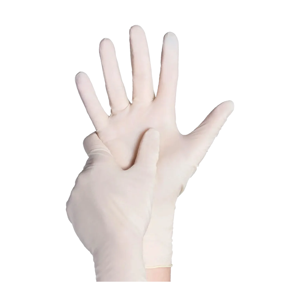 Eine Person zieht einen AMPri BASIC-PLUS gepuderten, weißen Latexhandschuh an. Das Bild zeigt eine Hand mit dem ganzen Handschuh und die andere Hand, die den Handschuh anzieht. Der Hintergrund ist schlicht weiß.