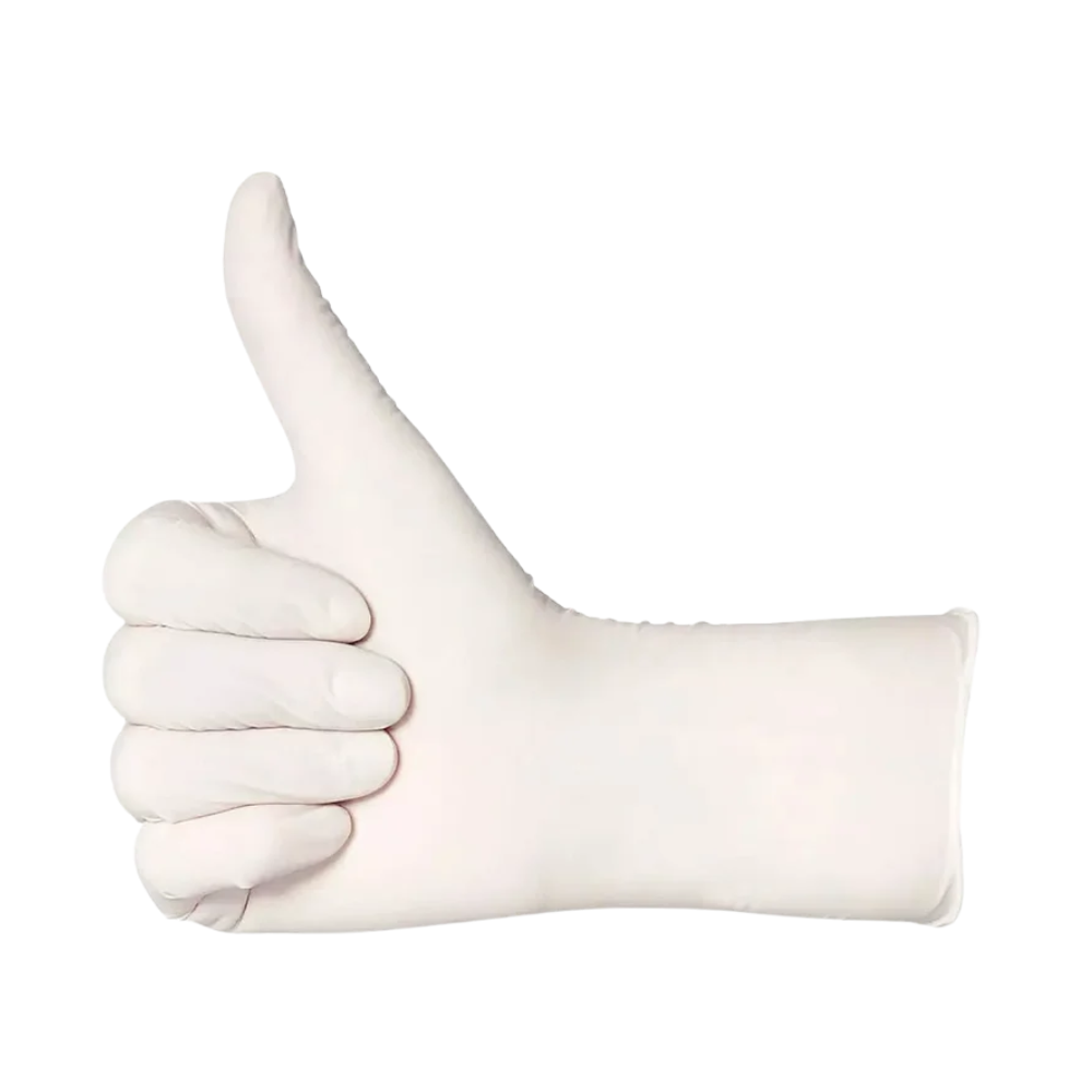 Eine rechte Hand, bekleidet mit einem der gepuderten weißen BASIC-PLUS Latexhandschuhe der AMPri Handelsgesellschaft mbH aus einer 100er-Box, zeigt vor einem schlichten weißen Hintergrund eine Daumen-hoch-Geste.
