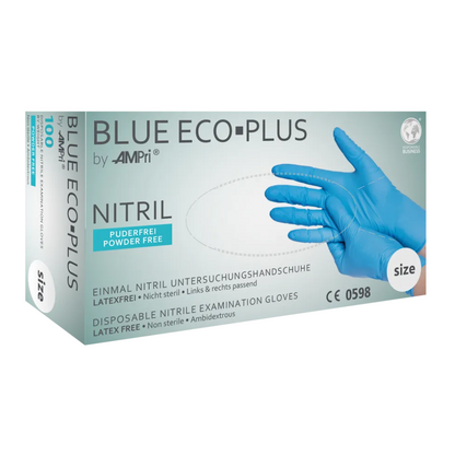 Una scatola di guanti in nitrile AMPri BLUE ECO-PLUS senza polvere, guanti monouso blu in nitrile di AMPri Handelsgesellschaft mbH. La scatola è contrassegnata come senza polvere, senza lattice, non sterile, indossabile su entrambe le mani e contiene 100 guanti. Ideale per l'industria alimentare, l'immagine mostra una mano che indossa un guanto blu.
